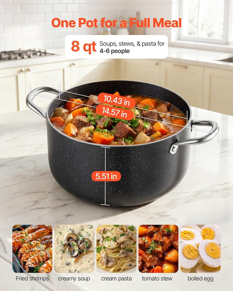VEVOR Aluminum Stock Pot, 8-Quart Nonstick Ceramic Coated Pot with Glass Lid, PFOA-Free, PFAS-Free, Compatible with Gas Stoves, Induction Cooktops, Electric Stoves, for Soups, Stews, and Pasta - Image 5