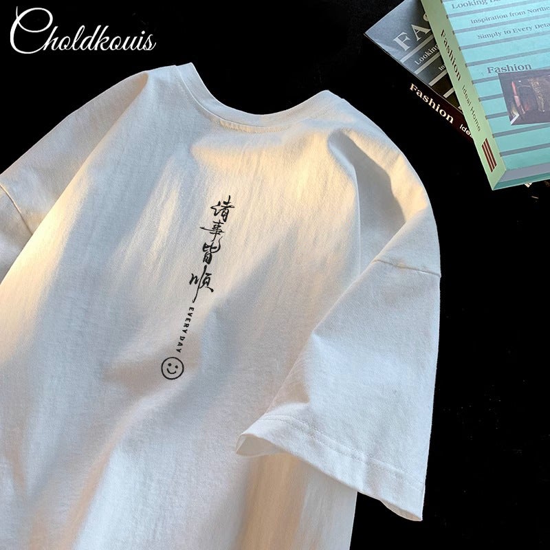 Hong Kong Style Vintage Pure Cotton Short-Sleeved T-Shirt Men'S Instagram Popular Brand Summer Men'S Oversize Loose T-Shirt - Image 3