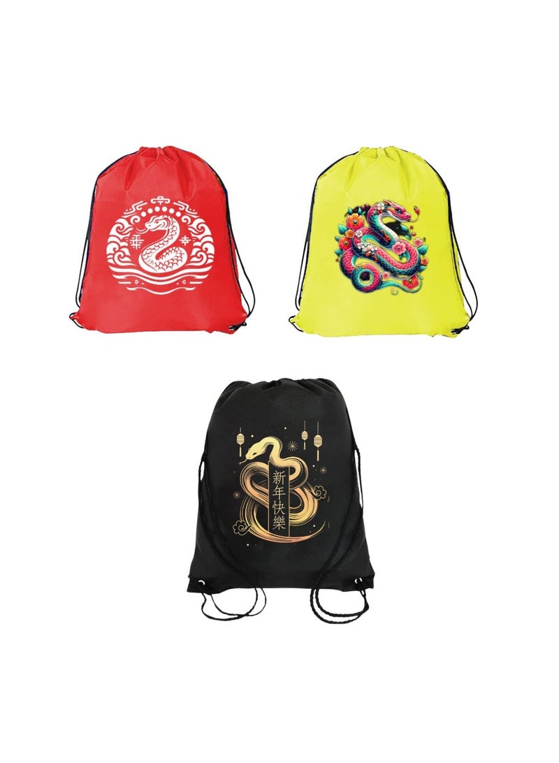 Chinese New Year Pack Of 3 Drawstring Bags For Men And Women-Durable Sports Backpack For Kids,Great For School And College,Everyday Use,Lightweight With Printed - Image 1