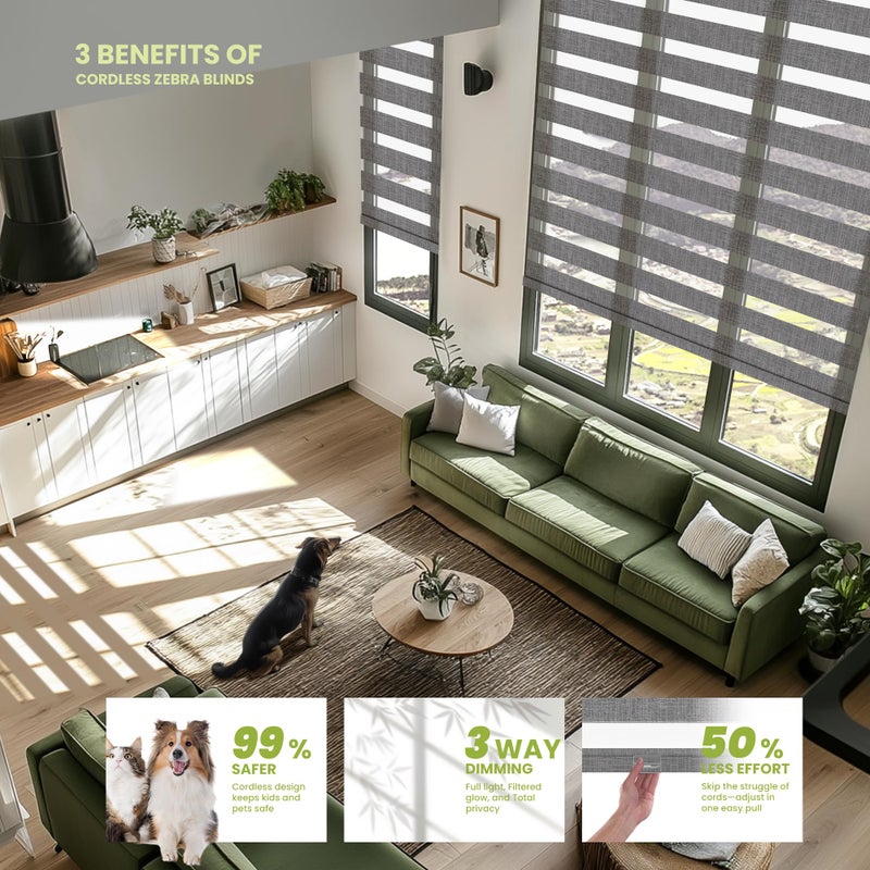 MoDanCeQ Cordless Zebra Blinds for Windows -Customizable Dual Layer Light Control Zebra Shades, Light Filtering & Blackout Window Blinds, Easy Install Zebra Blind for Home, Grey, 21" W x 72" H - Image 3