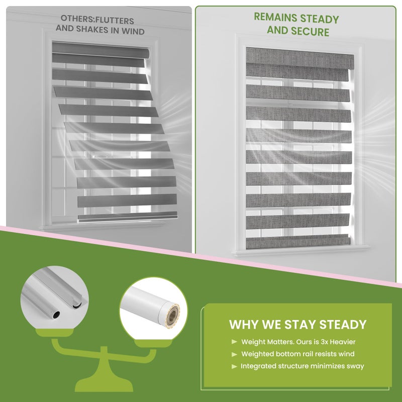 MoDanCeQ Cordless Zebra Blinds for Windows -Customizable Dual Layer Light Control Zebra Shades, Light Filtering & Blackout Window Blinds, Easy Install Zebra Blind for Home, Grey, 21" W x 72" H - Image 5