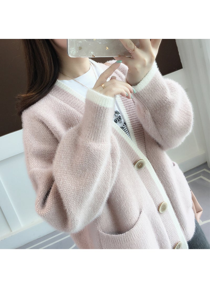 Generic - 2044 Pink Red Beige Green 2044 Fog Blue Velvet Sweater Women Early Spring Autumn Loose Knitted Shirt Open Coat 2044 Red - Image 1