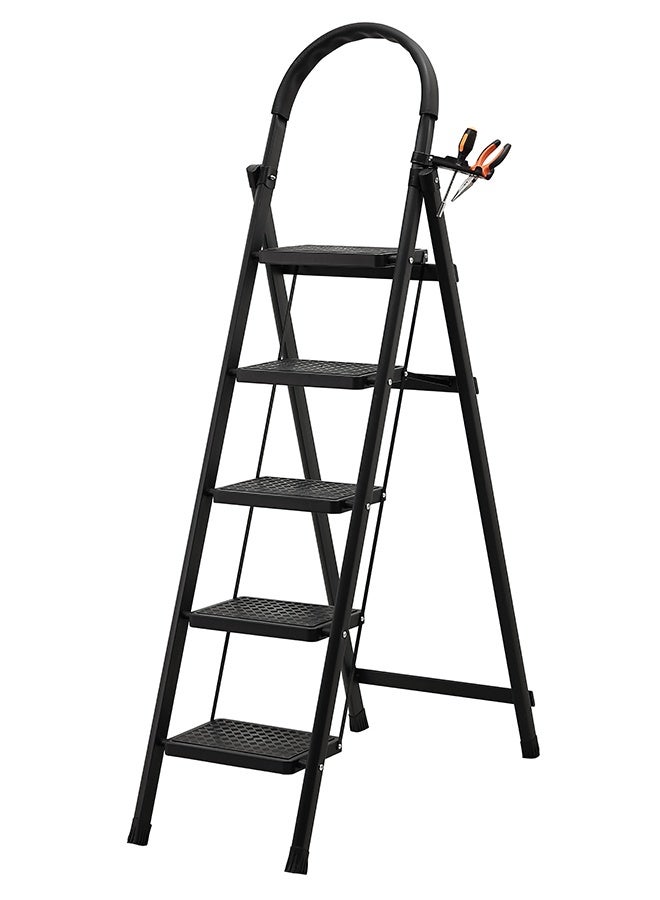 LAWAZIM Pro7 5-Step Folding Ladder With Tools Hanger - Black - 120kg Load Capacity Step Stool with Convenient Handgrip, Tools Holder Rack, Anti-Slip Pedals - Multi-Use Ladder for Kitchen & Household - Image 1