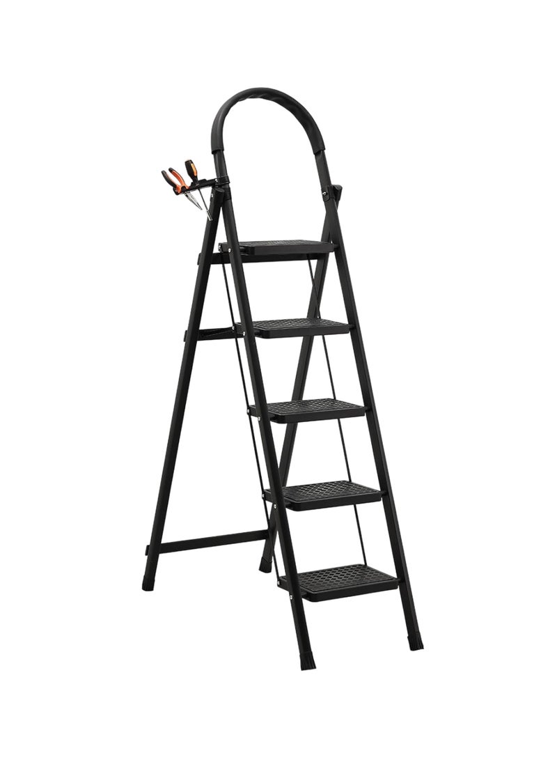 LAWAZIM Pro7 5-Step Folding Ladder With Tools Hanger - Black - 120kg Load Capacity Step Stool with Convenient Handgrip, Tools Holder Rack, Anti-Slip Pedals - Multi-Use Ladder for Kitchen & Household - Image 1