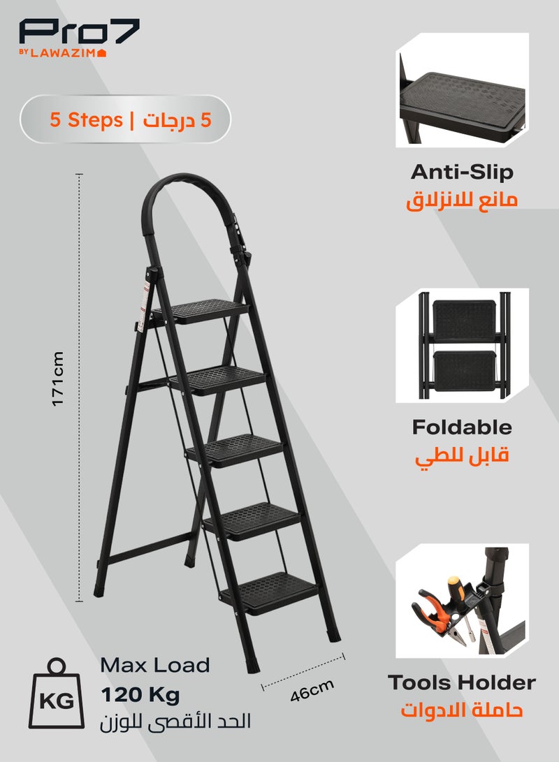 LAWAZIM Pro7 5-Step Folding Ladder With Tools Hanger - Black - 120kg Load Capacity Step Stool with Convenient Handgrip, Tools Holder Rack, Anti-Slip Pedals - Multi-Use Ladder for Kitchen & Household - Image 2
