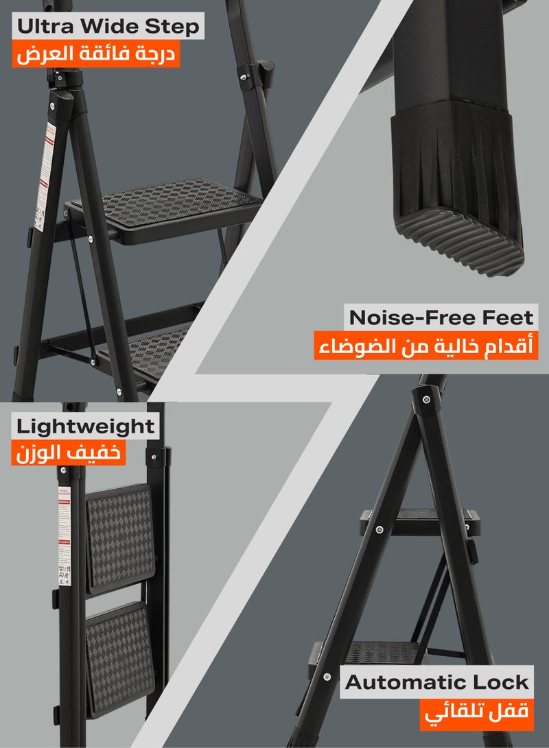 LAWAZIM Pro7 5-Step Folding Ladder With Tools Hanger - Black - 120kg Load Capacity Step Stool with Convenient Handgrip, Tools Holder Rack, Anti-Slip Pedals - Multi-Use Ladder for Kitchen & Household - Image 3