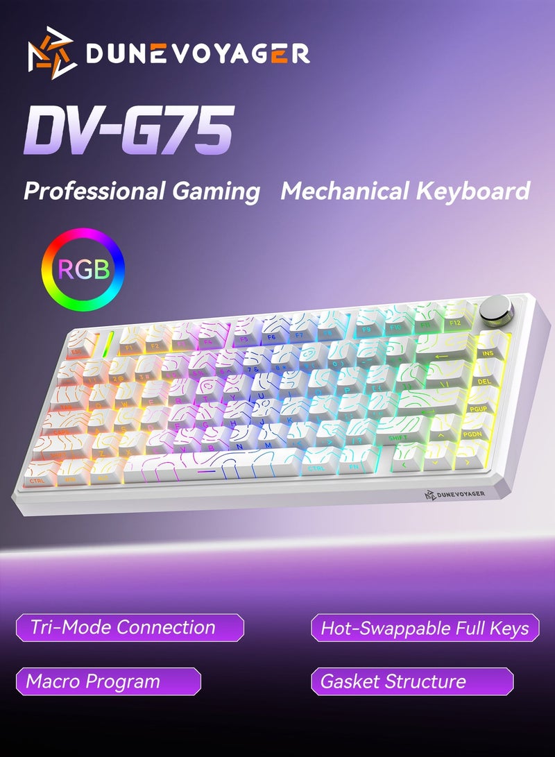 مسافر الكثبان لوحة مفاتيح ألعاب ميكانيكية لاسلكية G75 بإضاءة RGB 16.8 مليون لون وبرنامج ماكرو، تصميم 75% مع 80 مفتاحا، هيكل Gasket، أغطية مفاتيح PBT مزدوجة الحقن، إضاءة خلفية، بطارية 8000mAh، وتبديل سريع لجميع المفاتيح - Image 1