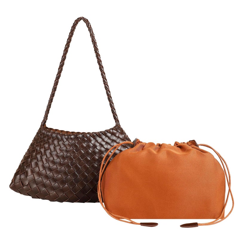 YLYYHH Leather Basket Woven Handbag, Vegan Leather Shoulder Cute Hobo Purse, Woven Underarm Bag with Purse, Coffee - Image 4