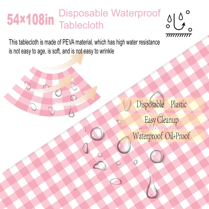 OLIVBIN 2 Pack Pink Gingham Tablecloth Pink and White Checkered Tablecloths Disposable Plastic Gingham Tablecovers Waterproof Rectangle Picnic Table Covers for Birthday Party Suppliesï¼Œ54 x 108 Inches - Image 5