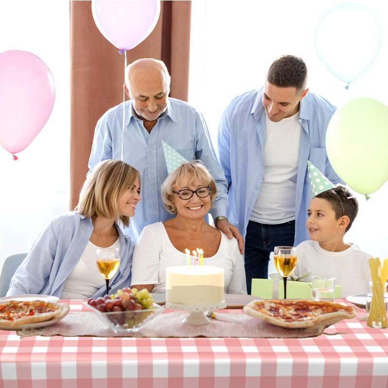 OLIVBIN 2 Pack Pink Gingham Tablecloth Pink and White Checkered Tablecloths Disposable Plastic Gingham Tablecovers Waterproof Rectangle Picnic Table Covers for Birthday Party Suppliesï¼Œ54 x 108 Inches - Image 3