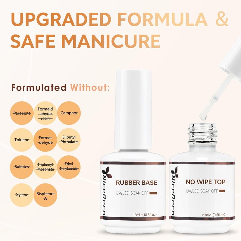 Nicedeco Hema Free Clear Rubber Base Gel Polish and No Wipe Gel Top Coat Cruelty Free Vegan Glossy Shinny Nail Art - Image 4