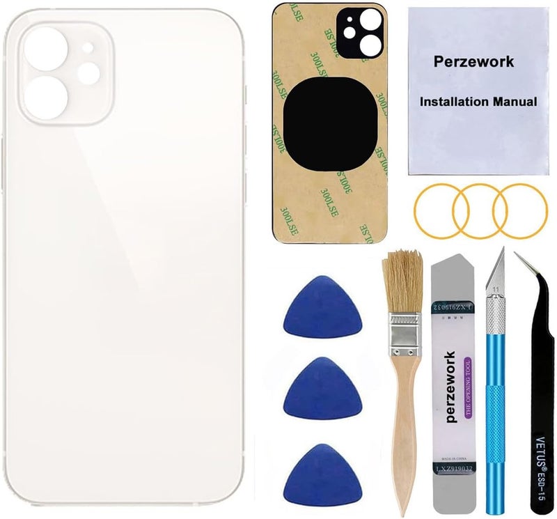 Perzework OEM Rear Back Glass Replacement for iPhone 12 mini 5.4 inches (White) with Reparing Toolkit - Image 1