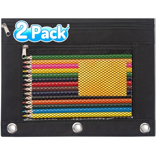Sooez Pencil Pouch for 3 Ring Binder, 2 Pack Fabric Binder Pouch with 2 Pockets, Pencil Bags with Zipper and Reinforced Grommets, Pencil Cases for Binder - Image 1