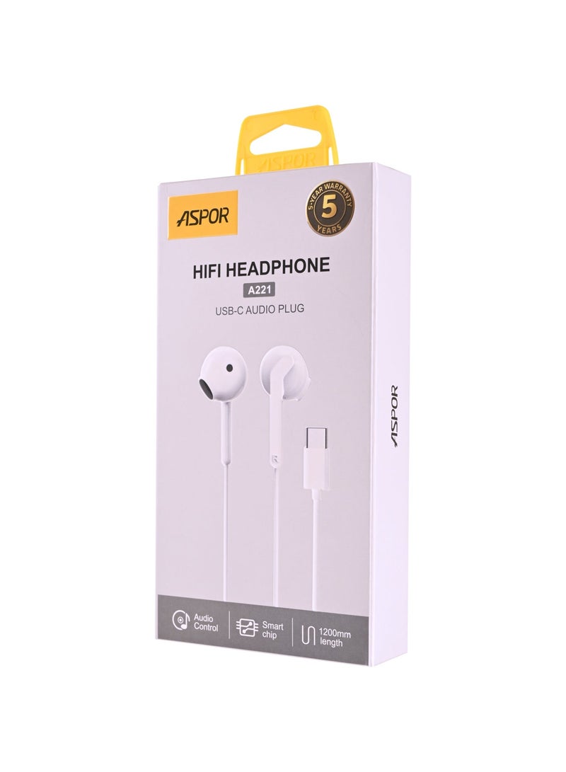 أسبور سماعةASPOR A221 السلكية بصوت HiFi ومنفذ Type-C - Image 1