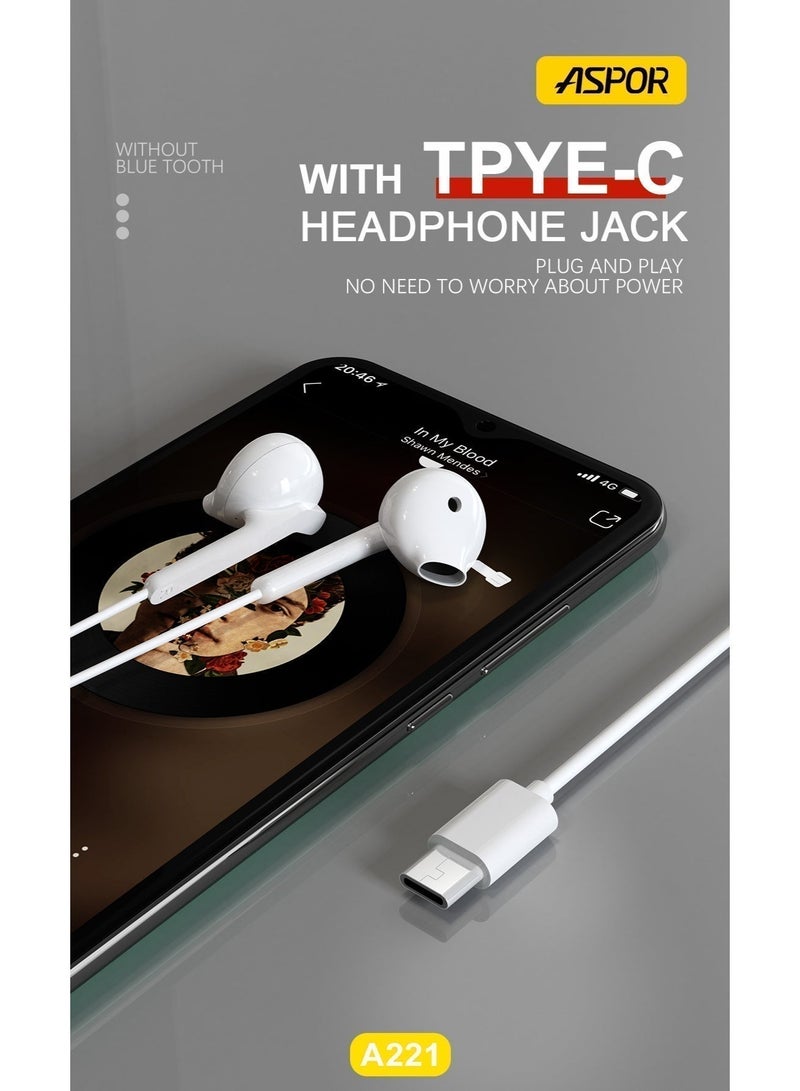أسبور سماعةASPOR A221 السلكية بصوت HiFi ومنفذ Type-C - Image 2