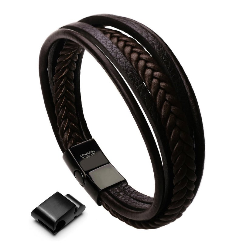 murtoo Mens Leather Bracelet with Clasp Cowhide Multi-Layer Braided Leather Mens Bracelet - Image 1