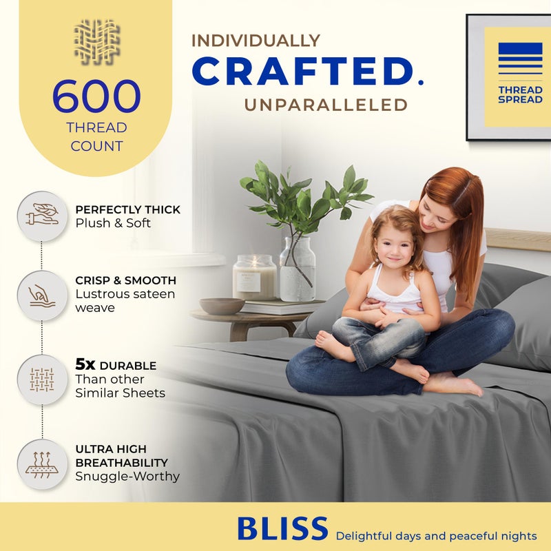 THREAD SPREAD 100% Egyptian Cotton Queen Sheets - 600 Thread Count Queen Size Sheets (4 PC, Dark Grey), 16" Deep Pocket, Soft, Cooling, Durable, Sateen Weave Luxury Hotel Quality Bedding Set - Image 2