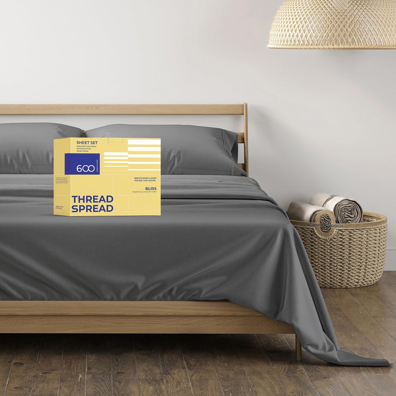 THREAD SPREAD 100% Egyptian Cotton Queen Sheets - 600 Thread Count Queen Size Sheets (4 PC, Dark Grey), 16" Deep Pocket, Soft, Cooling, Durable, Sateen Weave Luxury Hotel Quality Bedding Set - Image 1