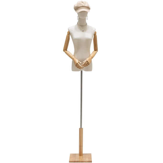 FEMALE MANNEQUIN TORSO DRESS FORM CLOTHING DISPLAY MANNEQUIN BODY STAND WITH HEAD WOODEN ARMS AND BASE FOR SEWING CLOTHING JEWELRY HEIGHT ADJUSTABLE 4775 INCHS WOOD COLOR