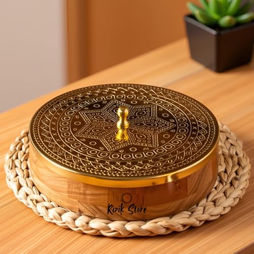 RIZIK STORE® Wooden Spice Box for Kitchen with Spoon – Acacia Wood Masala Dabba, 7 Detachable 120ml Containers | Masala Box, Spice Storage Organizer | Masala Dani Gift Set (Natural Brown & Gold) - Image 1