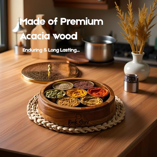 RIZIK STORE® Wooden Spice Box for Kitchen with Spoon – Acacia Wood Masala Dabba, 7 Detachable 120ml Containers | Masala Box, Spice Storage Organizer | Masala Dani Gift Set (Natural Brown & Gold) - Image 2