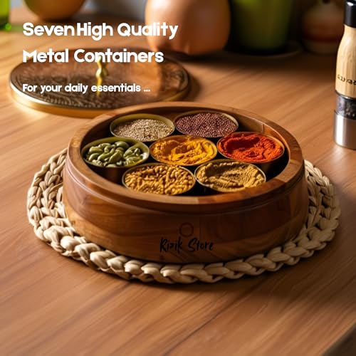 RIZIK STORE® Wooden Spice Box for Kitchen with Spoon – Acacia Wood Masala Dabba, 7 Detachable 120ml Containers | Masala Box, Spice Storage Organizer | Masala Dani Gift Set (Natural Brown & Gold) - Image 3