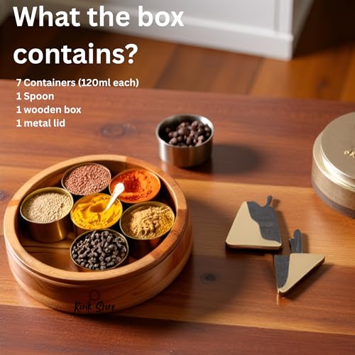 RIZIK STORE® Wooden Spice Box for Kitchen with Spoon – Acacia Wood Masala Dabba, 7 Detachable 120ml Containers | Masala Box, Spice Storage Organizer | Masala Dani Gift Set (Natural Brown & Gold) - Image 5