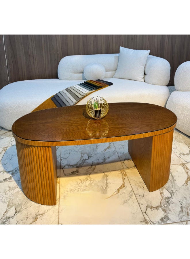 Coffee Table Plywood With Red Beech Wood And Natural Oak Veneer, Stained Finish And Brown Glass 120x60