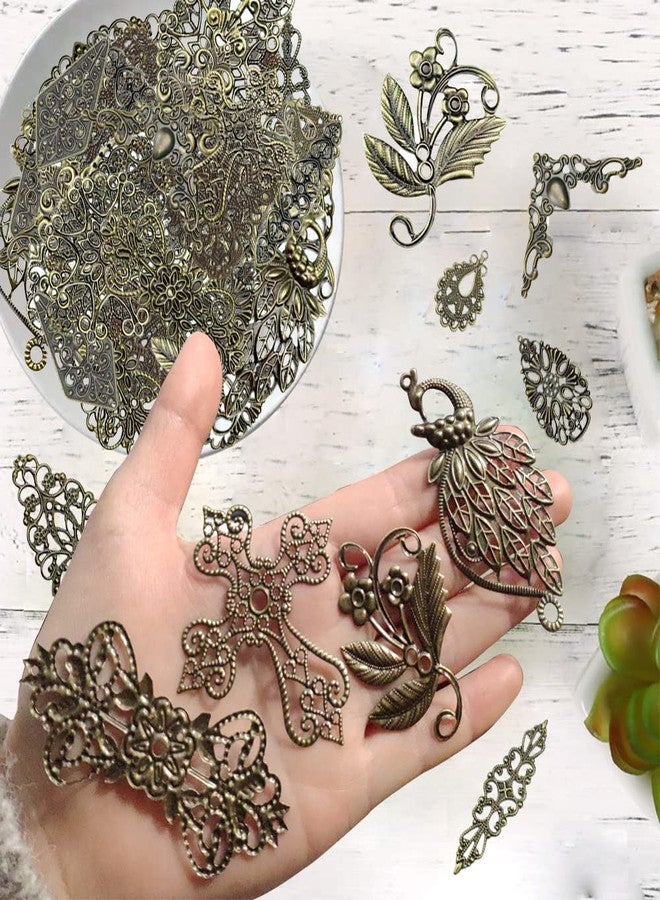 metulip 120Pcs Antique Bronze Filigree Connectors Tibetan Metal Filigree Charms Pendants Links Vintage Filigree Embellishments for Craft DIY Earrings Hairpin Necklace Jewelry Making - Image 3