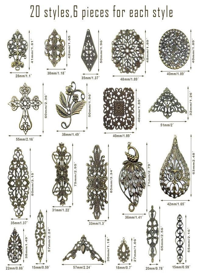 metulip 120Pcs Antique Bronze Filigree Connectors Tibetan Metal Filigree Charms Pendants Links Vintage Filigree Embellishments for Craft DIY Earrings Hairpin Necklace Jewelry Making - Image 2