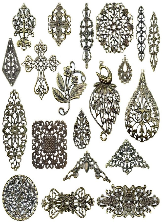 metulip 120Pcs Antique Bronze Filigree Connectors Tibetan Metal Filigree Charms Pendants Links Vintage Filigree Embellishments for Craft DIY Earrings Hairpin Necklace Jewelry Making - Image 1