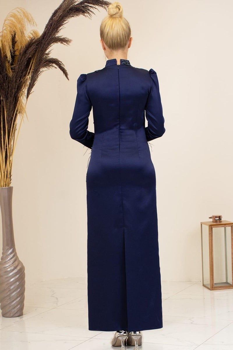 Esilanur Front Beaded Applique Embroidery Sleeves Feathered Nara Hijab Evening Dress Navy Blue  - Image 3