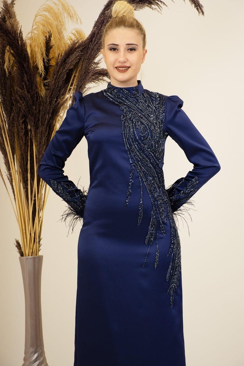 Esilanur Front Beaded Applique Embroidery Sleeves Feathered Nara Hijab Evening Dress Navy Blue  - Image 2