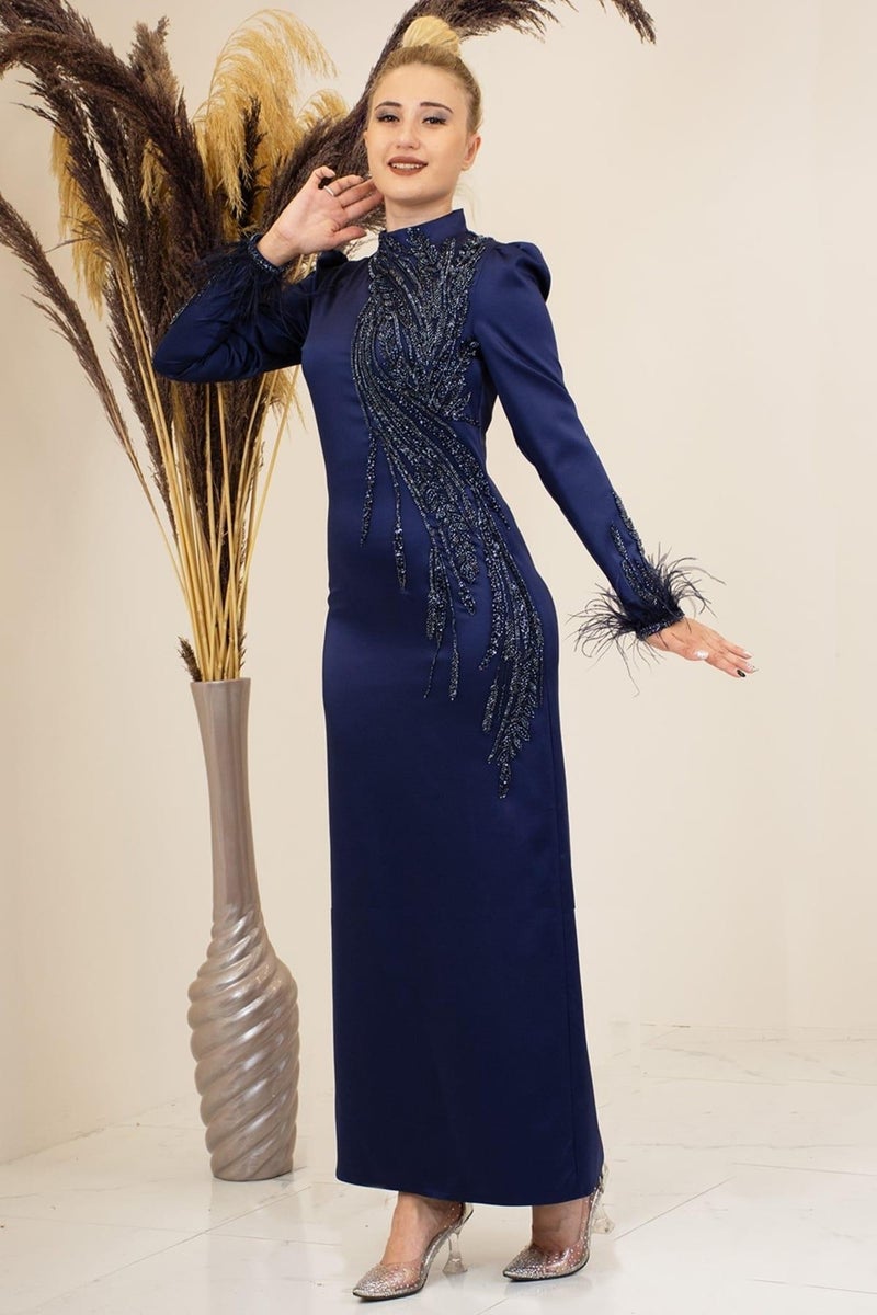 Esilanur Front Beaded Applique Embroidery Sleeves Feathered Nara Hijab Evening Dress Navy Blue  - Image 4