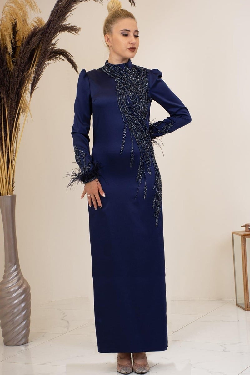 Esilanur Front Beaded Applique Embroidery Sleeves Feathered Nara Hijab Evening Dress Navy Blue  - Image 1