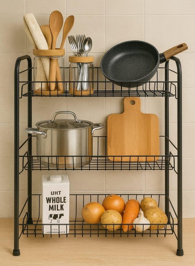 GLOCY 3-Tier Stainless Steel Kitchen Rack | Spice Organizer, Utensil Stand & Storage Shelf (Black) - Image 1