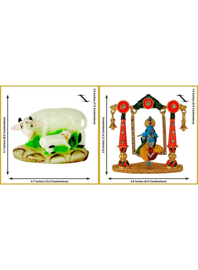 LE Kamdhenu Cow with Calf (Resin) and Lord Krishna (Murlidhar) on Swing Idol (Metal) Religious Idol-Statue for Vastu Gift and Car (White, Multicolour) - Image 4