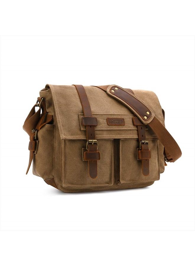 Kattee Men's Canvas Cow Leather DSLR SLR Vintage Camera Shoulder Messenger Bag Khaki - Image 1