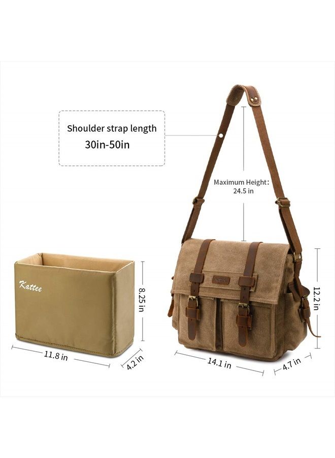 Kattee Men's Canvas Cow Leather DSLR SLR Vintage Camera Shoulder Messenger Bag Khaki - Image 3