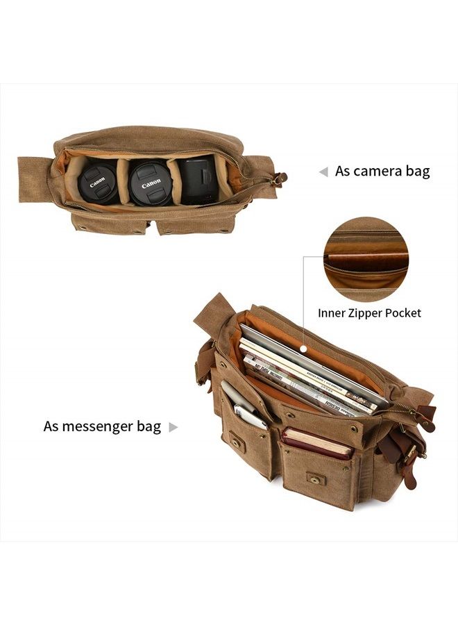Kattee Men's Canvas Cow Leather DSLR SLR Vintage Camera Shoulder Messenger Bag Khaki - Image 4