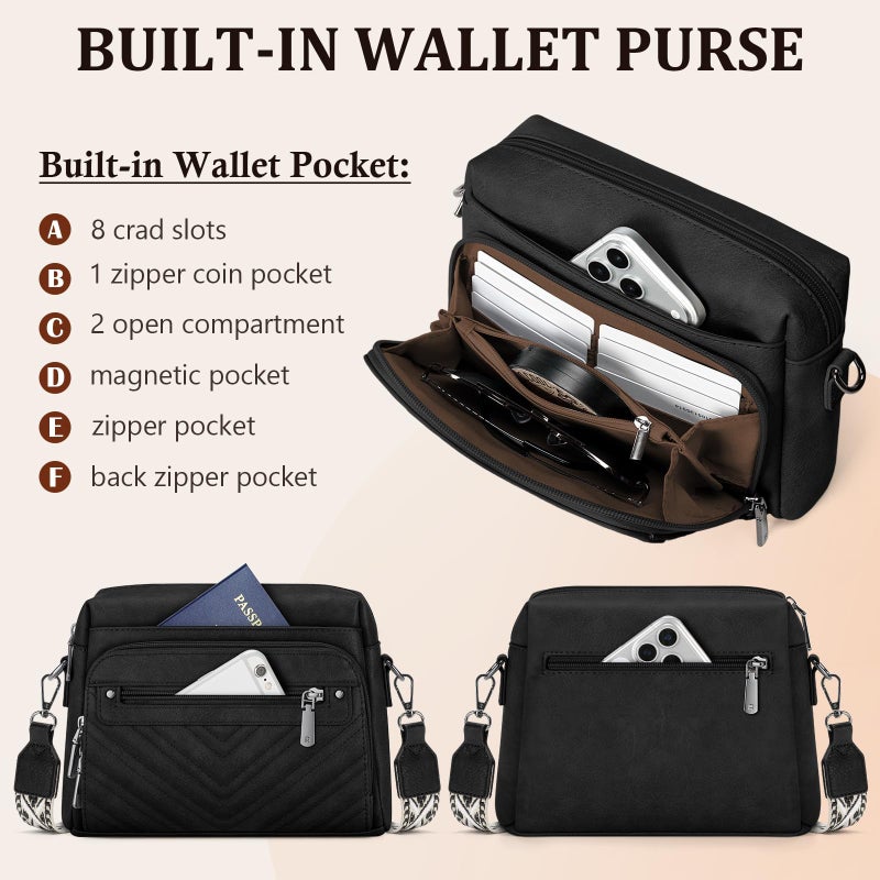 RAINSMORE Crossbody Bags for Women, Multi Pockets Cross Body Purse, Leather Womenâ€™s Crossbody Shoulder Handbags with Built in Wallet for Travel Shopping, Black - Image 3