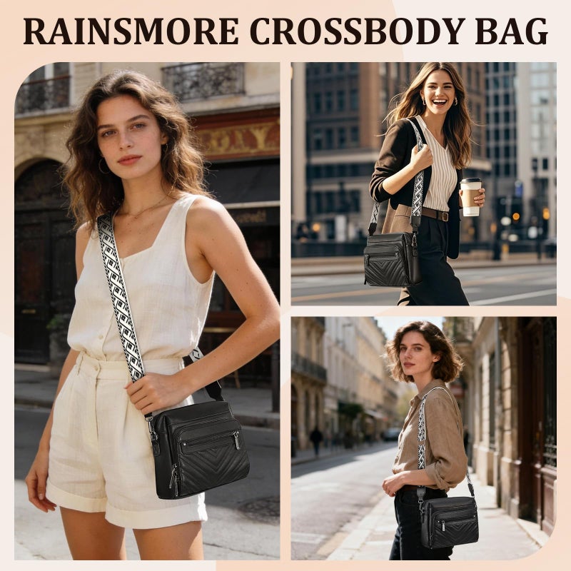 RAINSMORE Crossbody Bags for Women, Multi Pockets Cross Body Purse, Leather Womenâ€™s Crossbody Shoulder Handbags with Built in Wallet for Travel Shopping, Black - Image 2