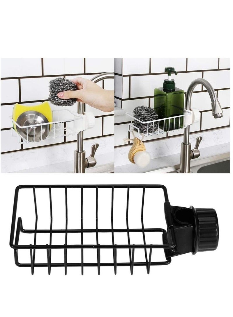 رف صنبور المطبخ المنزلي المصنوع من الفولاذ المقاوم للصدأ والمثقب وفرشاة الإسفنج ورف الصرف وتخزين الحوض باللون الأسود - Image 3