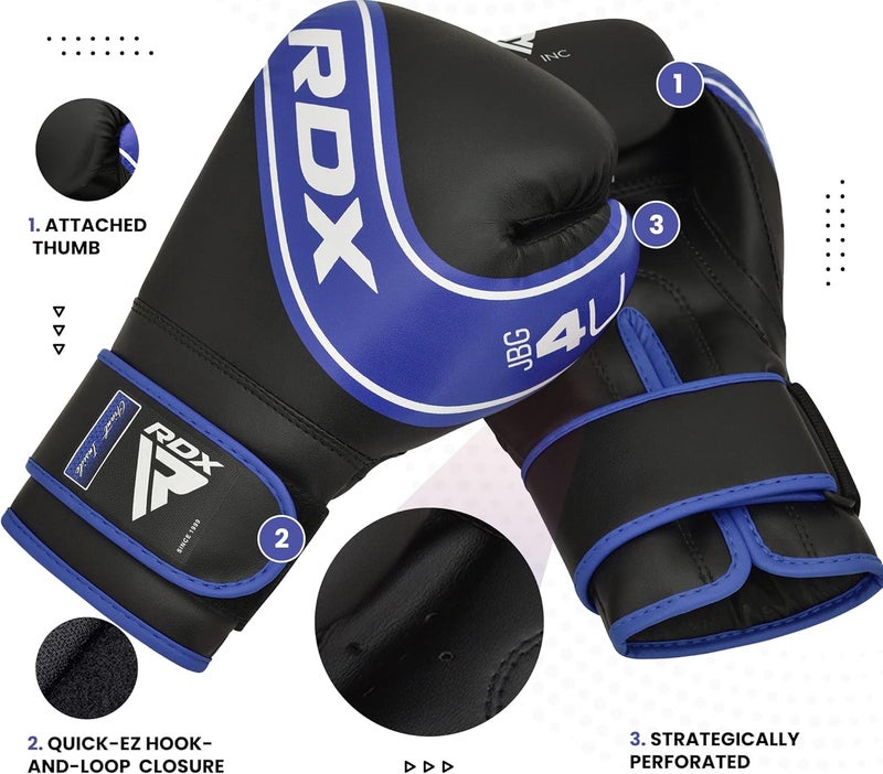RDX Kids Boxing Gloves - 6oz & 4oz Junior Training Mitts with Maya Hide Leather and Ventilated Palm for Muay Thai, MMA, and Kickboxing -4 OZ |Blue/Black (JBG-4U-4oz) - Image 2