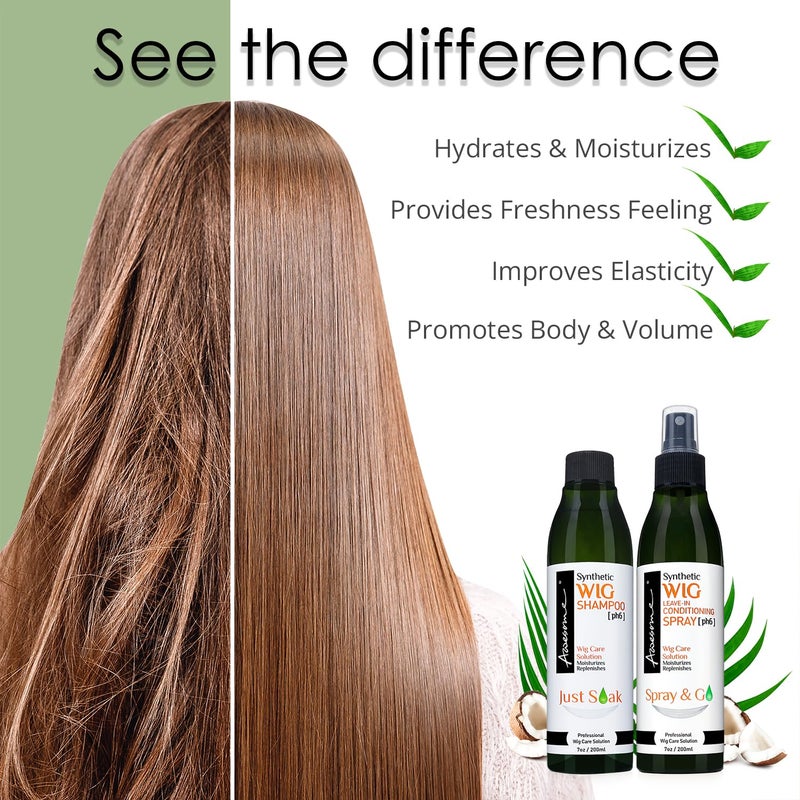 Awesome Synthetic Wig Shampoo & Leave in Conditioner Spray, pH6, Replenishes & Easy Combing, Contains Coconut Oil (Premium Set of 3) - Image 5