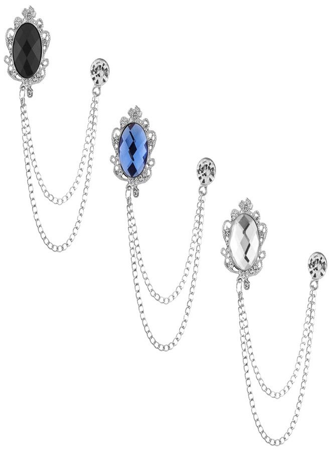 Shuxy Men's 3PCS Hanging Chain Brooch Black White Blue Stone Detailing with Engraving Metal Crystal Suit Stud Lapel Pin Vintage Rhinestone Wedding Brooch Pin, Silver - Image 1
