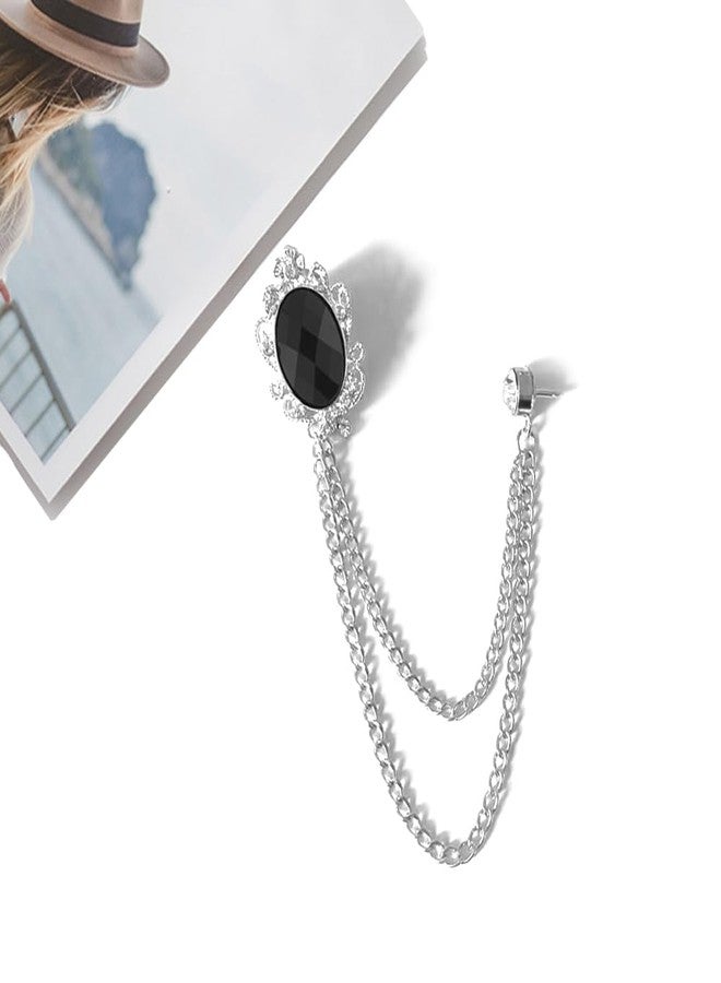 Shuxy Men's 3PCS Hanging Chain Brooch Black White Blue Stone Detailing with Engraving Metal Crystal Suit Stud Lapel Pin Vintage Rhinestone Wedding Brooch Pin, Silver - Image 3