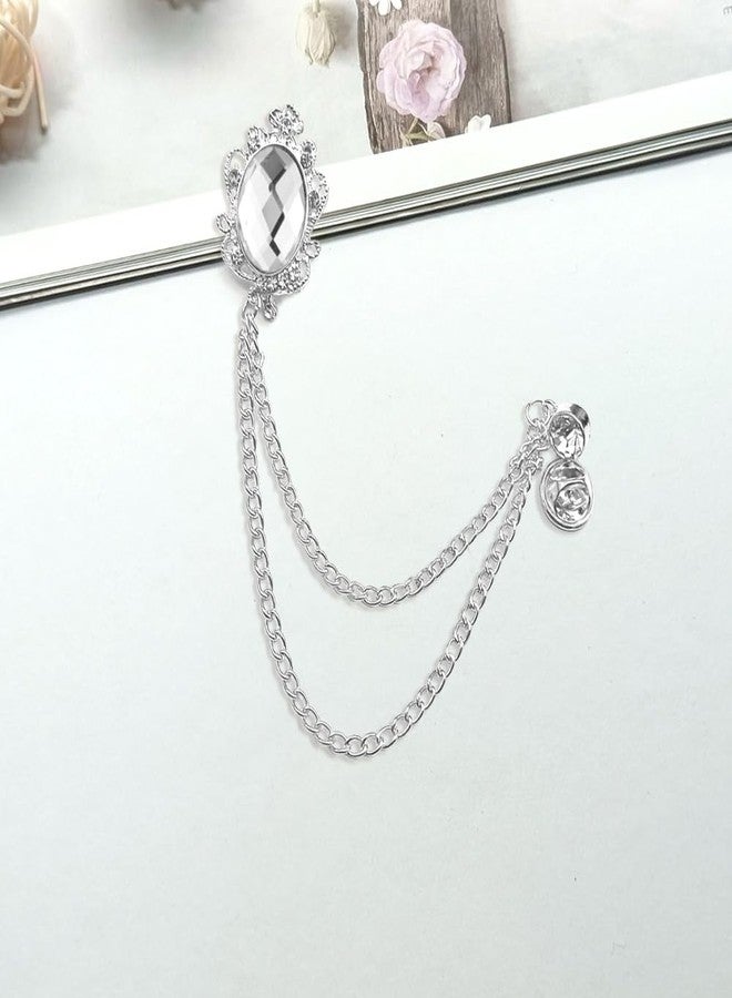 Shuxy Men's 3PCS Hanging Chain Brooch Black White Blue Stone Detailing with Engraving Metal Crystal Suit Stud Lapel Pin Vintage Rhinestone Wedding Brooch Pin, Silver - Image 4