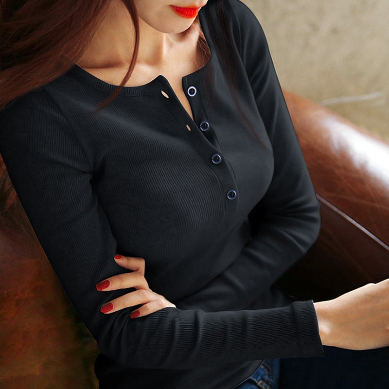 Women's Ribbed Cotton Long Sleeve T-Shirt with Buttons, Slim Fit - Image 3