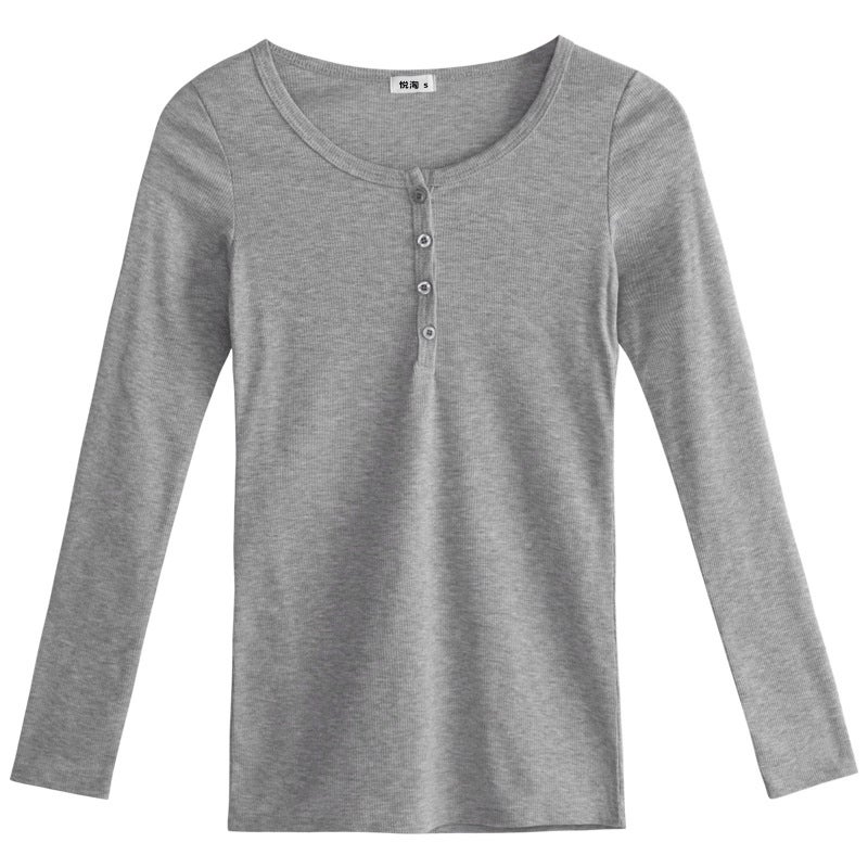 Women's Ribbed Cotton Long Sleeve T-Shirt with Buttons, Slim Fit - Image 5